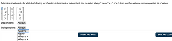 Determine all values of a for which the following set of vectors is dependent or independent. You can select 'always', 'never', 'a = ', or 'a ', then specify a value or comma-separated list of values.
5
10
1
-10
5
-2
-1
3
1
10
Dependent: Always
Independent: Always
Always
Never
When a =
When a
#
SUBMIT AND MARK
SAVE AND CLOSE