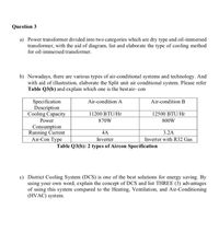 Question 3
a) Power transformer divided into two categories which are dry type and oil-immersed
transformer, with the aid of diagram, list and elaborate the type of cooling method
for oil-immersed transformer.
b) Nowadays, there are various types of air-conditional systems and technology. And
with aid of illustration, elaborate the Split unit air conditional system. Please refer
Table Q3(b) and explain which one is the best air- con
Specification
Description
Cooling Capacity
Air-condition A
Air-condition B
11200 BTU/Hr
12500 BTU/Hr
Power
870W
800W
Consumption
Running Current
Air-Con Type
4A
3.2A
Inverter
Table Q3(b): 2 types of Aircon Specification
Inverter with R32 Gas
c) District Cooling System (DCS) is one of the best solutions for energy saving. By
using your own word, explain the concept of DCS and list THREE (3) advantages
of using this system compared to the Heating, Ventilation, and Air-Conditioning
(HVAC) system.
