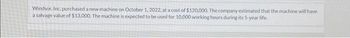 Windsor, Inc. purchased a new machine on October 1, 2022, at a cost of $120,000. The company estimated that the machine will have
a salvage value of $13,000. The machine is expected to be used for 10,000 working hours during its 5-year life.