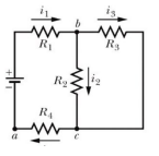 The image depicts an electrical circuit diagram containing four resistors and a voltage source. The circuit is arranged in a combination of series and parallel connections. Here’s a detailed breakdown of the components and their arrangements:

1. **Voltage Source**: 
   - Positioned on the left side between points \(a\) and \(b\).
   - Provides a positive terminal at the top and a negative terminal at the bottom.

2. **Resistor \(R_1\)**:
   - Located between points \(a\) and \(b\).
   - The current flowing through \(R_1\) is labeled as \(i_1\), moving from \(a\) to \(b\).

3. **Resistor \(R_2\)**:
   - Positioned vertically between points \(b\) and \(c\).
   - The current flowing through \(R_2\) is labeled \(i_2\), moving from \(b\) to \(c\).

4. **Resistor \(R_3\)**:
   - Positioned horizontally, parallel to \(R_1\), between points \(b\) and \(c\).
   - The current flowing through \(R_3\) is labeled \(i_3\), moving from \(b\) to \(c\).

5. **Resistor \(R_4\)**:
   - Positioned horizontally between points \(a\) and \(c\).
   - Referred to without specified current direction but connects in series with the voltage source.

**Circuit Topology**:
- The circuit forms a basic loop with both series and parallel elements.
- \(R_1\) and \(R_4\) are in series with the voltage source.
- \(R_2\) and \(R_3\) form a parallel branch between points \(b\) and \(c\).

**Currents**:
- \(i_1\) flows through \(R_1\), entering node \(b\).
- At node \(b\), the current splits into \(i_2\) (through \(R_2\)) and \(i_3\) (through \(R_3\)).
- The circuit design illustrates the basic principles of current distribution in series-parallel networks. 

This type of diagram is fundamental in analyzing complex electrical circuits to determine total resistance, current distribution, and voltage drops across components.