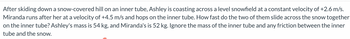 **Physics Problem: Conservation of Momentum on an Inner Tube**

After skidding down a snow-covered hill on an inner tube, Ashley is coasting across a level snowfield at a constant velocity of +2.6 m/s. Miranda runs after her at a velocity of +4.5 m/s and hops on the inner tube. How fast do the two of them slide across the snow together on the inner tube? Ashley's mass is 54 kg, and Miranda's is 52 kg. Ignore the mass of the inner tube and any friction between the inner tube and the snow.