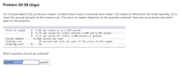 Problem 20-39 (Algo)
CU, Incorporated (CUI), produces copper contacts that it uses in switches and relays. CUI needs to determine the order quantity, Q, to
meet the annual demand at the lowest cost. The price of copper depends on the quantity ordered. Here are price-break and other
data for the problem:
Price of copper
0.80 per pound up to 2,499 pounds
0.79 per pound for orders between 2,500 and 4,999 pounds
%24
0.77 per pound for orders 5,000 pounds or greater
51,000 pounds per year
30 percent per unit per year of the price of the copper
Annual demand
Holding cost
Ordering cost
30
Which quantity should be ordered?
Quantity
pounds
