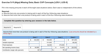 Exercise 5-11 (Algo) Missing Data; Basic CVP Concepts [LO5-1, LO5-9]
Fill in the missing amounts in each of the eight case situations below. Each case is independent of the others.
Required:
a. Assume that only one product is being sold in each of the four following case situations:
b. Assume that more than one product is being sold in each of the four following case situations:
Complete this question by entering your answers in the tabs below.
Required A Required B
Assume that more than one product is being sold in each of the four following case situations: (Loss amounts should be indicated by a
minus sign.)
Sales
Variable expenses
Fixed expenses
Net operating income (loss)
Contribution margin ratio (percent)
$
$
Case 1
442,000 $
64,800
40 %
Case 2
194,000
131,920
62,000
%
$
Case 3
473,000
74,470
79 %
$
Case 4
301,000
99,330
$ (28,330)
%