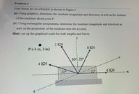 Problem 1
Four forces act on a bracket as shown in Figure 1.
(a) Using graphics, determine the resultant (magnitude and direction) as well as the moment
of the resultant about point P.
(b) Using rectangular components, determine the resultant (magnitude and direction) as
well as the projection of the resultant onto the a-a axis.
Hint: set up the graphical scale for both lengths and forces.
y
2 KN
P(-4 m, 3 m)
8 KN
30 25°
4 KN
200
200
6 KN
---- -X
a
