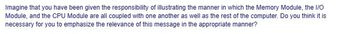 Imagine that you have been given the responsibility of illustrating the manner in which the Memory Module, the I/O
Module, and the CPU Module are all coupled with one another as well as the rest of the computer. Do you think it is
necessary for you to emphasize the relevance of this message in the appropriate manner?