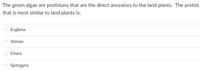The green algae are protistans that are the direct ancestors to the land plants. The protist
that is most similar to land plants is;
Euglena
Volvox
Chara
Spirogyra
