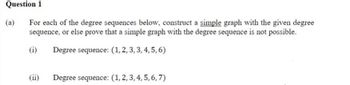 Question 1
For each of the degree sequences below, construct a simple graph with the given degree
sequence, or else prove that a simple graph with the degree sequence is not possible.
(i)
Degree sequence: (1, 2, 3, 3, 4, 5, 6)
(a)
Degree sequence: (1, 2, 3, 4, 5, 6, 7)