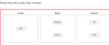 Classify these salts as acidic, basic, or neutral.
Acidic
NaF
Basic
NH,CIO,
K₂CO3
Neutral
КСІ
LiBr