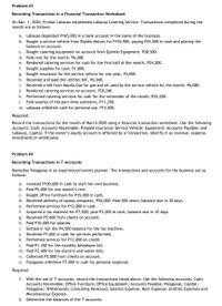 Problem #3
Recording Transactions in a Financial Transaction Worksheet
On Mar. 1, 2020, Froilan Labausa established Labausa Catering Service. Transactions completed during the
month are as follows:
a. Labausa deposited P165,000 in a bank account in the name of the business.
b. Bought a service vehicle from Elpidio Motors for P194,900, paying P25,000 in cash and placing the
balance on account.
c. Bought catering equipment on account from Quirino Equipment, P28,500.
d. Paid rent for the month, P6,200.
e. Rendered catering services for cash for the first half of the month, P24,200.
f. Bought supplies for cash, P1,800.
g. Bought insurance for the service vehicle for one year, P4,000.
h. Received and paid the utilities bill, P6,040.
Received a bill from Manila Gas for gas and oil used by the service vehicle for the month, P6,080.
Rendered catering services on account, P28,240.
k. Performed catering services for cash for the remainder of the month, P25,200.
1. Paid salaries of the part-time assistants, P11,200.
m. Labausa withdrew cash for personal use, P15,500.
i.
j.
Required:
Record the transactions for the month of March 2020 using a financial transaction worksheet. Use the following
accounts: Cash; Accounts Receivable; Prepaid Insurance; Service Vehicle; Equipment; Accounts Payable; and
Labausa, Capital. If the owner's equity account is affected by a transaction, identify it as revenue, expense,
investment or withdrawal.
Problem #4
Recording Transactions in T-Accounts
Remedios Palaganas is an experienced events planner. The transactions and accounts for the business are as
follows:
a. Invested P100,000 in cash to start her own business.
b. Paid P5,000 for one month's rent.
c.. Bought office furniture for P15,000 in cash.
d. Received delivery of laptop computer, P54,000. Paid 50% down, balance due in 30 days.
e. Performed services for P12,000 in cash.
f. Acquired a fax machine for P7,500; paid P3,000 in cash, balance due in 10 days.
g. Received P5,400 from clients on account.
Paid P10,000 for salaries.
i.
Settled in full the P4,500 balance for the fax machine.
Received P7,000 in cash for services performed.
j.
k. Performed services for P12,000 on credit.
I. Paid P1,350 for the monthly telephone bill.
m. Paid P2,400 for the electric and water bills.
n. Collected P2,000 from clients on account.
o. Palaganas withdrew P7,000 in cash for personal expenses.
Required:
1. With the aid of T-accounts, record the transactions listed above. Use the following accounts: Cash;
Accounts Receivable; Office Furniture; Office Equipment; Accounts Payable; Palaganas, Capital;
Palaganas, Withdrawals; Consulting Revenues; Salaries Expense; Rent Expense; Utilities Expenses and
Miscellaneous Expense.
2. Determine the balances of the T-accounts.
