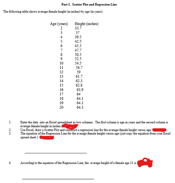 The following table shows average female height (in inches) by age (in years).
1.
2.
3.
Part 1. Scatter Plot and Regression Line
4.
Age (years)
2
3
4567∞00
8
9
10
11
12
13
14
15
16
17
18
19
20
Height (inches)
33.7
37
39.5
42.5
45.5
47.7
50.5
52.5
54.5
56.7
59
61.7
62.3
62.8
63.9
64
64.1
64.1
64.3
Enter the data into an Excel spreadsheet as two columns. The first column is age in years and the second column is
average female height in inches.
Use Excel, draw a Scatter Plot and construct a regression line for the average female height versus age.
The equation of the Regression Line for the average female height versus age (just copy the equation from your Excel
spread sheet)
According to the equation of the Regression Line, the average height of a female age 21 is