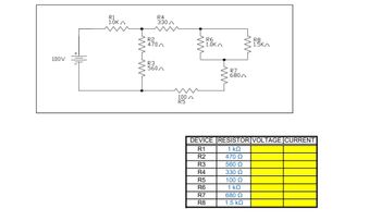 100V
R1
10ΚΑ
R2
R3
R4
330
5601
R6
10KΩ
1.5Kn
R7
6801
100 η
R5
DEVICE RESISTOR VOLTAGE CURRENT
R1
1 ΚΩ
R2
470 Ω
R3
560 Ω
R4
330 Ω
R5
100 Ω
R6
1 ΚΩ
R7
680 Ω
R8
1.5 ΚΩ