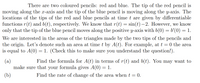 There are two coloured pencils: red and blue. The tip of the red pencil is
moving along the x-axis and the tip of the blue pencil is moving along the y-axis. The
locations of the tips of the red and blue pencils at timet are given by differentiable
functions r(t) and b(t), respectively. We know that r(t) = sin(t) – 2. However, we know
only that the tip of the blue pencil moves along the positive y-axis with b(0) = b'(0) = 1.
We are interested in the areas of the triangles made by the two tips of the pencils and
the origin. Let's denote such an area at time t by A(t). For example, at t = 0 the area
is equal to A(0) = 1. (Check this to make sure you understand the question!).
Find the formula for A(t) in terms of r(t) and b(t). You may want to
(a)
make sure that your formula gives A(0) = 1.
(b)
Find the rate of change of the area when t = 0.
