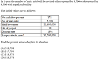 In l-year the number of units sold will be revised either upward by 8,700 or downward by
4,300 with equal probability.
The initial values are as follows:
Net cash flow per unit
S71
No. of units sold
5,700
$1,680,000
Initial investment
Life of project
Discount rate
Scrape value in year-1
10
15%
$1,500,000
Find the present value of option to abandon.
(A) $18,798
(B) $17,798
(C) $18,978
(D) $18,978
