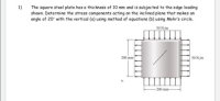 The square steel plate has a thickness of 10 mm and is subjected to the edge loading
shown. Determine the stress components acting on the inclined plane that makes an
angle of 20 with the vertical (a) using method of equations (b) using Mohr's circle.
