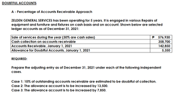 DOUBTFUL ACCOUNTS
A - Percentage of Accounts Receivable Approach
ZELDEN GENERAL SERVICES has been operating for 5 years. It is engaged in various Repairs of
equipment and furniture and fixtures on cash basis and on account. Shown below are selected
ledger accounts as of December 31, 2021:
P
Sale of services during the year (30% are cash sales)
Cash collection on accounts receivable
576,930
358,700
Accounts Receivable, January 1, 2021
142,850
Allowance for Doubtful Accounts, January 1, 2021
5,350
REQUIRED:
Prepare the adjusting entry as of December 31, 2021 under each of the following independent
cases.
Case 1: 10% of outstanding accounts receivable are estimated to be doubtful of collection.
Case 2: The allowance account is to be increased by 13,500.
Case 3: The allowance account is to be increased by 7,850.