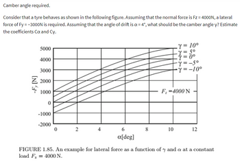 Camber angle required.
Consider that a tyre behaves as shown in the following figure. Assuming that the normal force is Fz = 4000N, a lateral
force of Fy = -3000N is required. Assuming that the angle of drift is a = 4°, what should be the camber angle y? Estimate
the coefficients Ca and Cy.
Y = 10°
5000
4000
3000
Z 2000
1000
·Y=5°
-Y=0°
-Y=-5°
-Y=-10°
F₂=4000 N
0
-1000
-2000
0
2
4
6
8
10
12
α[deg]
FIGURE 1.85. An example for lateral force as a function of 7 and a at a constant
load F. 4000 N.