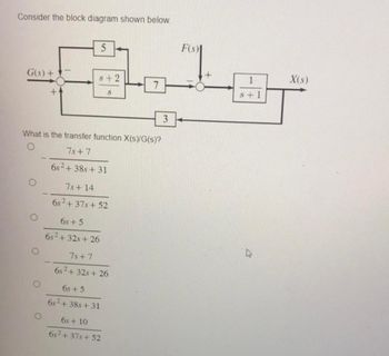 Consider the block diagram shown below.
G(s) +
5
8+2
What is the transfer function X(s)/G(s)?
7s+7
6s2+38s+31
7s+14
6s²+37s+52
6s+5
6s²+32s+26
7s+7
6s²+32s+26
6s+5
6s²+38s +31
6s+10
6s2+37s+52
3
F(s)
+
1
s+1
X(s)