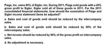 Paige, Inc. owns 80% of Sigler, Inc. During 2011, Paige sold goods with a 40%
gross profit to Sigler. Sigler sold all of these goods in 2011. For the 2011
consolidated financial statements, how should the summation of Paige and
Sigler income statement items be adjusted?
a. Sales and cost of goods sold should be reduced by the intercompany
sales.
b. Sales and cost of goods sold should be reduced by 80% of the
intercompany sales.
c. Net income should be reduced by 80% of the gross profit on intercompany
sales.
d. No adjustment is necessary.