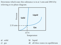 Determine which state this substance is in at 1 atm and 298 K by
referring to its phase diagram.
Liquid
Solid
2.55 atm -
Gas
225 K
Temperature
b) liquid
d) all three states in equilibrium
a) solid
e) gas
Pressure
