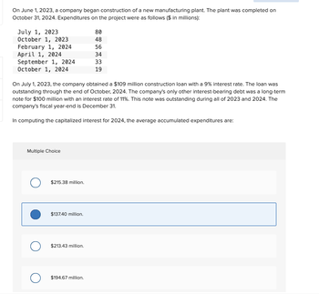 On June 1, 2023, a company began construction of a new manufacturing plant. The plant was completed on
October 31, 2024. Expenditures on the project were as follows ($ in millions):
July 1, 2023
October 1, 2023
February 1, 2024
April 1, 2024
September 1, 2024
October 1, 2024
Multiple Choice
On July 1, 2023, the company obtained a $109 million construction loan with a 9% interest rate. The loan was
outstanding through the end of October, 2024. The company's only other interest-bearing debt was a long-term
note for $100 million with an interest rate of 11%. This note was outstanding during all of 2023 and 2024. The
company's fiscal year-end is December 31.
In computing the capitalized interest for 2024, the average accumulated expenditures are:
$215.38 million.
$137.40 million.
$213.43 million.
80
48
56
$194.67 million.
34
33
19