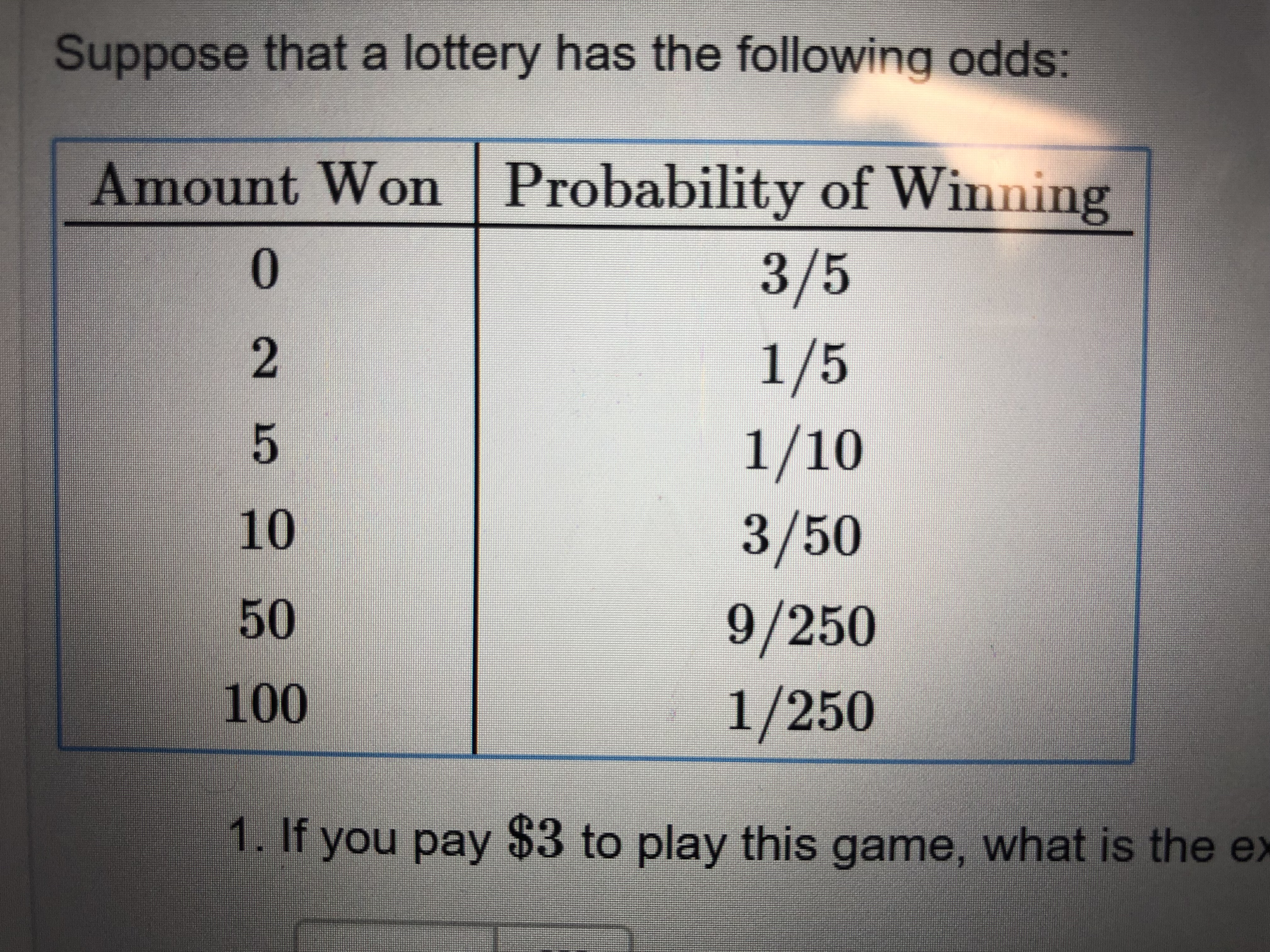 Suppose thata lottery has the following odds:
Amount Won Probability of Winning
0
3/5
2
1/5
1/10
5
10
3/50
50
9/250
1/250
100
1. If you pay $3 to play this game, what is the ex
