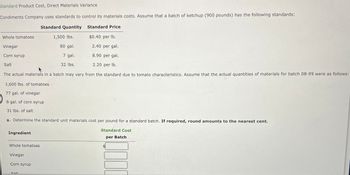 Standard Product Cost, Direct Materials Variance
Condiments Company uses standards to control its materials costs. Assume that a batch of ketchup (900 pounds) has the following standards:
Standard Quantity Standard Price
1,500 lbs.
$0.40 per lb.
80 gal.
7 gal.
32 lbs.
Whole tomatoes
Vinegar
2.40 per gal.
Corn syrup
8.90 per gal.
Salt
2.20 per lb.
The actual materials in a batch may vary from the standard due to tomato characteristics. Assume that the actual quantities of materials for batch 08-99 were as follows:
1,600 lbs. of tomatoes
77 gal. of vinegar
8 gal. of corn syrup
31 lbs. of salt
a. Determine the standard unit materials cost per pound for a standard batch. If required, round amounts to the nearest cent.
Standard Cost
per Batch
Ingredient
Whole tomatoes
Vinegar
Corn syrup
Salt
0000