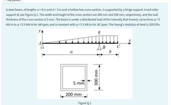 Flag question
A steel beam, of lengths a=4 m and b= 3 m and a hollow box cross section, is supported by a hinge support A and roller
support B, see Figure Q.1. The width and height of the cross section are 200 mm and 300 mm, respectively, and the wall
thickness of the cross section is 5 mm. The beam is under a distributed load of the intensity that linearly varies from q=0
kN/m to q= 5.3 kN/m for AB span; and is constant with q= 5.3 kN/m for BC span. The Young's modulus of steel is 200 GPa.
9
179
a
5 mm
200 mm
Figure Q.1
Дв
300 mm
b
C