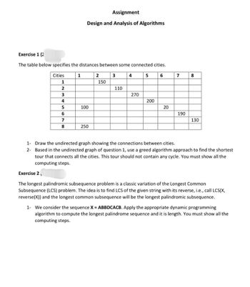 Exercise 1 (2
The table below specifies the distances between some connected cities.
Cities
1
2
3
4
5
6
7
8
Assignment
Design and Analysis of Algorithms
1
100
250
2
150
3
110
4
270
5
200
6
20
7
190
8
130
1- Draw the undirected graph showing the connections between cities.
2- Based in the undirected graph of question 1, use a greed algorithm approach to find the shortest
tour that connects all the cities. This tour should not contain any cycle. You must show all the
computing steps.
Exercise 2
The longest palindromic subsequence problem is a classic variation of the Longest Common
Subsequence (LCS) problem. The idea is to find LCS of the given string with its reverse, i.e., call LCS(X,
reverse(X)) and the longest common subsequence will be the longest palindromic subsequence.
1- We consider the sequence X = ABBDCACB. Apply the appropriate dynamic programming
algorithm to compute the longest palindrome sequence and it is length. You must show all the
computing steps.