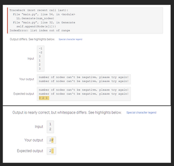 Traceback (most recent call last):
File "main.py", line 54, in <module>
LL. Generate (num_nodes)
File "main.py", line 32, in Generate
self.append (Node (x[i]))
IndexError: list index out of range
Output differs. See highlights below. Special character legend
Input
Your output
Expected output
-1
-2
3
1
2
3
number of nodes can't be negative, please try again!
number of nodes can't be negative, please try again!
number of nodes can't be negative, please try again!
number of nodes can't be negative, please try again!
3 2 1
Output is nearly correct, but whitespace differs. See highlights below. Special character legend
Input
1
2
24
Your output
Expected output 2
N