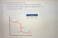 On the weak base/strong acid titration curve, label
A. the point where the pH corresponds to a solution of the weak base (B) in water;
B. the point where the pH corresponds to a solution of the conjugate acid (BH*) in water;
C. the point where pH = pKa for BH+.
Answer Bank
C
7-
A,
Hd
