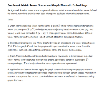 Problem 4: Metric Tensor Spaces and Graph-Theoretic Embeddings
Background: A metric tensor space is a generalization of metric spaces where distances are defined
via tensors. Functional analysis often deals with spaces equipped with various tensor norms.
Tasks:
a. Graph Representation of Tensor Norms: Define a graph T where vertices represent tensors in a
tensor product space XY, and edges represent adjacency based on tensor norms (e.g., two
tensors u and v are connected if ||uv|| ≤ € for a given tensor norm). Discuss how different
tensor norms (projective, injective, Hilbert-Schmidt, etc.) affect the graph's structure.
-
b. Embedding Tensor Spaces into Metric Graphs: Develop an embedding of a tensor product space
XY into a graph T such that the graph metric approximates the tensor norm. Prove the
existence of such embeddings for specific tensor norms and discuss their accuracy.
c. Graph-Theoretic Duality and Tensor Duals: Investigate how duality in tensor spaces (e.g., dual
tensor norms) can be captured through dual graphs. Specifically, construct dual graphs T*
corresponding to T and analyze how dual tensor operations are represented.
d. Applications to Operator Spaces: Apply the graph constructions from parts (a)-(c) to operator
spaces, particularly in representing bounded linear operators between Banach spaces. Analyze how
operator space properties, such as completely bounded maps, are reflected in the corresponding
graph structures.