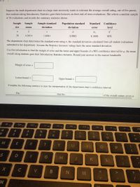 Suppose the math department chair at a large state university wants to estimate the average overall rating, out of five points, that students taking Introductory Statistics gave their lecturers on their end-of-term evaluations. She selects a random sample of 38 evaluations and records the summary statistics shown. 

| Sample size (n) | Sample mean (\( \bar{x} \)) | Sample standard deviation (s) | Population standard deviation (\( \sigma \)) | Standard error (\( \sigma_{\bar{x}} \)) | Confidence level (C) |
|-----------------|-----------------------------|-------------------------------|-----------------------------------------------|----------------------------------------|---------------------|
| 38              | 4.0414                      | 1.0501                        | 0.9903                                        | 0.1606                                 | 90%                 |

The department chair determines the standard error using \( \sigma \), the standard deviation calculated from all student evaluations submitted to her department. Assume the Statistics lecturers' ratings have the same standard deviation.

Use this information to find the margin of error and the lower and upper bounds of a 90% confidence interval for \( \mu \), the mean overall rating students gave their Introductory Statistics lecturers. Round your answers to the nearest hundredth.

- Margin of error = [  ]
- Lower bound = [  ]
- Upper bound = [  ]

Complete the following sentence to state the interpretation of the department chair's confidence interval.

The ____________________ that the ____________________ of the overall ratings given on ____________________.