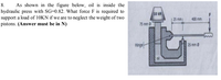 As shown in the figure below, oil is inside the
hydraulic press with SG=0.82. What force F is required to
support a load of 10KN if we are to neglect the weight of two
pistons. (Answer must be in N)
8.
10 kN
25 mm
400 mm
75 mm0
Hinge
25 mm 0
