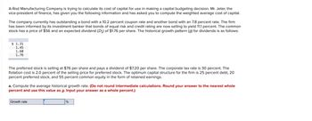 A-Rod Manufacturing Company is trying to calculate its cost of capital for use in making a capital budgeting decision. Mr. Jeter, the
vice-president of finance, has given you the following information and has asked you to compute the weighted average cost of capital.
The company currently has outstanding a bond with a 10.2 percent coupon rate and another bond with an 7.8 percent rate. The firm
has been informed by its investment banker that bonds of equal risk and credit rating are now selling to yield 11.1 percent. The common
stock has a price of $56 and an expected dividend (D₁) of $1.76 per share. The historical growth pattern (g) for dividends is as follows:
$ 1.31
T
1.45
1.60
1.76
The preferred stock is selling at $76 per share and pays a dividend of $7.20 per share. The corporate tax rate is 30 percent. The
flotation cost is 2.0 percent of the selling price for preferred stock. The optimum capital structure for the firm is 25 percent debt, 20
percent preferred stock, and 55 percent common equity in the form of retained earnings.
a. Compute the average historical growth rate. (Do not round intermediate calculations. Round your answer to the nearest whole
percent and use this value as g. Input your answer as a whole percent.)
Growth rate
%