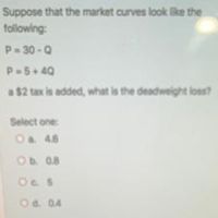 Suppose that the market curves look like the
following:
P-30-Q
P-5+4Q
a $2 tax is added, what is the deadweight loss?
Select one:
Oa 4.6
Ob 0.8
Oe 5
Od. 0.4
