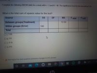 Complete the following ANOVA table for a study with k=3 and N = 98. The significance level for the test will be 0.05
What is the total sum of squares value for this test?
Source
SS
DF
MS
F-stat
F-crit
Between groups(Treatment)
12.50
Within groups (Error)
190
Total
OA 3.00
O
B. 215
OC0 19
O D.210
A Moving to the next question prevents changes to this answer.
15°C
II
