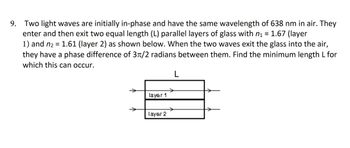 9. Two light waves are initially in-phase and have the same wavelength of 638 nm in air. They
enter and then exit two equal length (L) parallel layers of glass with n₁ = 1.67 (layer
1) and n₂ = 1.61 (layer 2) as shown below. When the two waves exit the glass into the air,
they have a phase difference of 3π/2 radians between them. Find the minimum length L for
which this can occur.
layer 1
layer 2
→
L