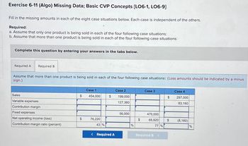 Exercise 6-11 (Algo) Missing Data; Basic CVP Concepts [LO6-1, LO6-9]
Fill in the missing amounts in each of the eight case situations below. Each case is independent of the others.
Required:
a. Assume that only one product is being sold in each of the four following case situations:
b. Assume that more than one product is being sold in each of the four following case situations:
Complete this question by entering your answers in the tabs below.
Required A Required B
Assume that more than one product is being sold in each of the four following case situations: (Loss amounts should be indicated by a minus
sign.)
Sales
Variable expenses
Contribution margin
Fixed expenses
Net operating income (loss)
Contribution margin ratio (percent)
$
$
Case 1
454,000
76,220
43 %
$
< Required A
Case 2
199,000
127,360
56,000
%
$
Case 3
470,000
65,920
Required B
77%
>
$
Case 4
297,000
83,160
$ (8,160)
%