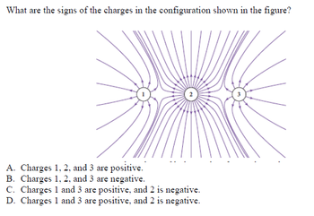 What are the signs of the charges in the configuration shown in the figure?
A. Charges 1, 2, and 3 are positive.
B. Charges 1, 2, and 3 are negative.
C. Charges 1 and 3 are positive, and 2 is negative.
D. Charges 1 and 3 are positive, and 2 is negative.