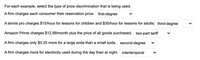 **Price Discrimination: Types and Examples**

For each example, select the type of price discrimination that is being used.

1. **A firm charges each consumer their reservation price:**
   - **Type:** First-degree price discrimination

2. **A tennis pro charges $15/hour for lessons for children and $30/hour for lessons for adults:**
   - **Type:** Third-degree price discrimination

3. **Amazon Prime charges $12.99/month plus the price of all goods purchased:**
   - **Type:** Two-part tariff

4. **A firm charges only $0.25 more for a large soda than a small soda:**
   - **Type:** Second-degree price discrimination

5. **A firm charges more for electricity used during the day than at night:**
   - **Type:** Intertemporal price discrimination

These examples illustrate how businesses apply different pricing strategies based on consumer characteristics and buying behaviors.