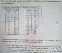 The table below lists heights and weights of 10 female and 10 male professional
basketball players:
Female Basketball Players Male Basketball Players
Height
(in.)
74
Weight
(lb)
169
Height
(in.)
74
Weight
(Ib)
197
74
77
181
199
75
202
71
173
64
139
135
77
220
68
83
220
71
161
83
81
250
225
78
187
150
181
68
76
219
71
73
79
215
246
194
85
Notice that taller athletes tend to be heavier, but not always. For example, a 64-inch
female athlete weighs more than a 68-inch female athlete.
1. Use a graphing utility to determine the regression line that models the height-
weight relationship among the 10 female basketball players. Let y- mx +b,
where x represents height in inches and y represents weight in pounds. What is
the correlation coefficient, and what does this indicate?
