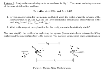 Problem 1: Analyze the canard-wing combination shown in Fig. 1. The canard and wing are made
of the same airfoil section and have
AR AR, S = 0.25, and = 0.45%
1. Develop an expression for the moment coefficient about the center of gravity in terms of the
shown parameters (, and zg) and the three-dimensional aerodynamic characteristics of the
used wing/canard (CL C and CM).
2. What is the range of the cg location for this configuration to be statically stable?
You may simplify the problem by neglecting the upwash (downwash) effects between the lifting
surfaces and the drag contribution to the moment. You may also assume small angle approximation.
Figure 1: Canard-Wing Configuration.