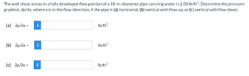 The wall shear stress in a fully developed flow portion of a 18-in.-diameter pipe carrying water is 2.00 lb/ft2. Determine the pressure
gradient, ap/ax, where x is in the flow direction, if the pipe is (a) horizontal, (b) vertical with flow up, or (c) vertical with flow down.
(a) Əp/ax =
(b) др/дх=
i
IM
(c) Əp/Əx = i
lb/ft3
lb/ft3
lb/ft³