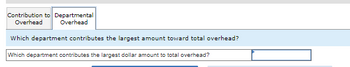 Contribution to Departmental
Overhead Overhead
Which department contributes the largest amount toward total overhead?
Which department contributes the largest dollar amount to total overhead?