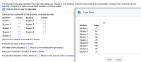 The accompanying data represent the pulse rates (beats per minute) of nine students. Treat the nine students as a population. Compute the z-scores for all the
students. Compute the mean and standard deviation of these z-scores.
Click the icon to view the data table.
Pulse Rates
Compute the z-scores for all the students. Complete the table.
Student
Z-Score
Student
Z-Score
Student 1
Student 6
Student 2
Student 7
Student
Pulse
Student 3
Student 8
Student 1
77
Student 4
Student 9
Student 2
60
Student 3
60
Student 5
Student 4
80
(Round to the nearest hundredth as needed.)
Student 5
73
Student 6
80
Compute the mean of these z-scores.
Student 7
80
The mean of the z-scores is |. (Round to the nearest tenth as needed.)
Student 8
68
Compute the standard deviation of these z-scores.
Student 9
73
The standard deviation of the z-scores is . (Round to the nearest tenth as needed.)
