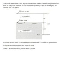 2. The ground water level in a thick, very fine sand deposit is located 2.0 m below the ground surface.
Above the free ground water line, the sand is saturated by capillary action. The unit weight of the
saturated sand is 20.3 kN/m?.
Ground surface
Ysat = 20.3 kN/m³
2 m
Water table
4.5 m
2.5 m
Ysat = 20.3 kN/m³
A O
a) Calculate the total stress in kPa on a horizontal plane A located 4.5 m below the ground surface.
b) Calculate the porewater pressure in kPa at this plane.
c) What is the effective vertical pressure in kPa in plane A.
