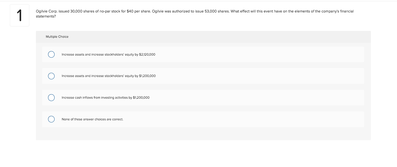 Ogilvie Corp. issued 30,000 shares of no-par stock for $40 per share. Ogilvie was authorized to issue 53,000 shares. What effect will this event have on the elements of the company's financial
statements?
Multiple Choice
Increase assets and increase stockholders' equity by $2,120,000
Increase assets and increase stockholders' equity by $1,200,000
Increase cash inflows from investing activities by $1,200,000
None of these answer choices are correct.
