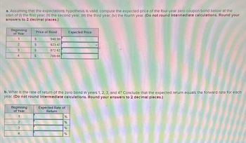 a. Assuming that the expectations hypothesis is valid, compute the expected price of the four-year zero coupon bond below at the
start of (1) the first year; (II) the second year; (III) the third year; (IV) the fourth year. (Do not round Intermediate calculations. Round your
answers to 2 decimal places.)
Beginning
Price of Bond
of Year
Expected Price
1
S
940.90
2
S
923.47
3
S
872.62
4
S
769.66
b. What is the rate of return of the zero bond in years 1, 2, 3, and 4? Conclude that the expected return equals the forward rate for each
year. (Do not round Intermediate calculations. Round your answers to 2 decimal places.)
Expected Rate of
Beginning
of Year
Return
1
%
2
%
3
%
4
%