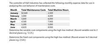 The controller of Hall Industries has collected the following monthly expense data for use in
analyzing the cost behavior of maintenance costs.
Month
Total Maintenance Costs Total Machine Hours
January $2,640
3,500
February 3,000
March
3,600
April
4,500
May
3,200
June
4,000
6,000
7,900
5,000
8,000
4,620
Determine the variable-cost components using the high-low method. (Round variable cost to 2
decimal places e.g. 12.25.)
Determine the fixed cost components using the high-low method. (Round answer to 0 decimal
places e.g. 2,520.)