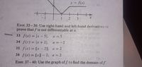 y = f(x)
++
3.
Exer. 33-36: Use right-hand and left-hand derivatives to
prove that f is not differentiable at a.
33 f(x) = |x - 5|, a = 5
34 f(x) = |x + 2|, a = -2
35 f(x) = [x - 2; a = 2
36 f(x) = [x]- 2; a 2
Exer. 37-40: Use the graph of f to find the domain of f'.
